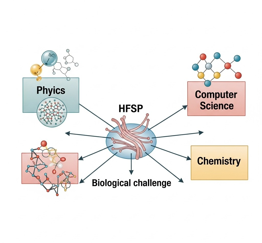 Your Guide to the Prestigious HFSP Long-Term Fellowships 2026 2 A diagram showing physics, computer science, and chemistry converging on a central biological problem, representing the interdisciplinary nature of HFSP fellowships