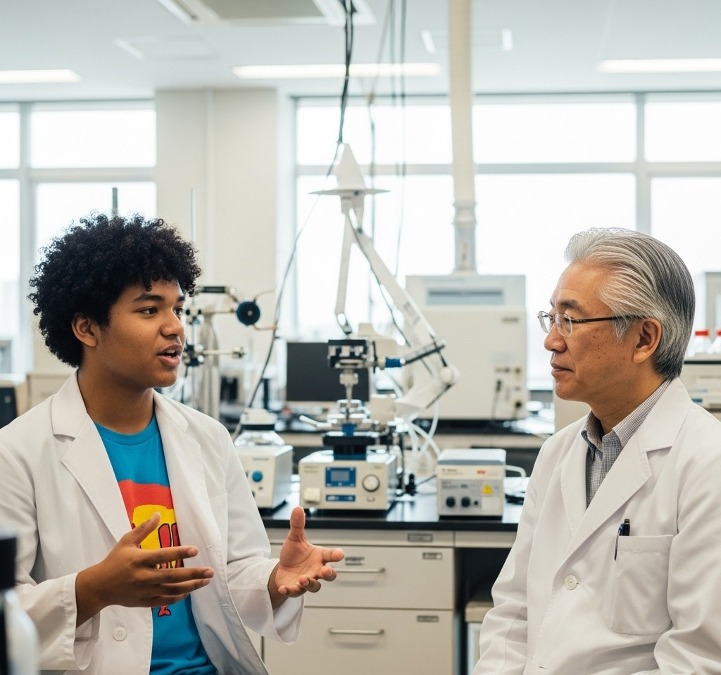 A student engaging in a lively discussion with a Japanese professor in a university lab, symbolizing collaborative research