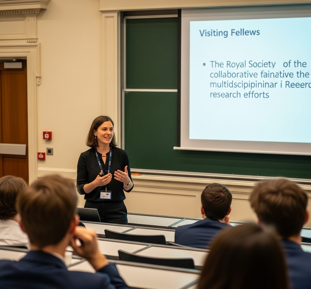 Your Essential Guide to the Royal Society Wolfson Visiting Fellowship 2025 (Term 2) 3 A visiting fellow presenting their research to an engaged audience at a UK university, highlighting the collaborative nature of the Royal Society funding.