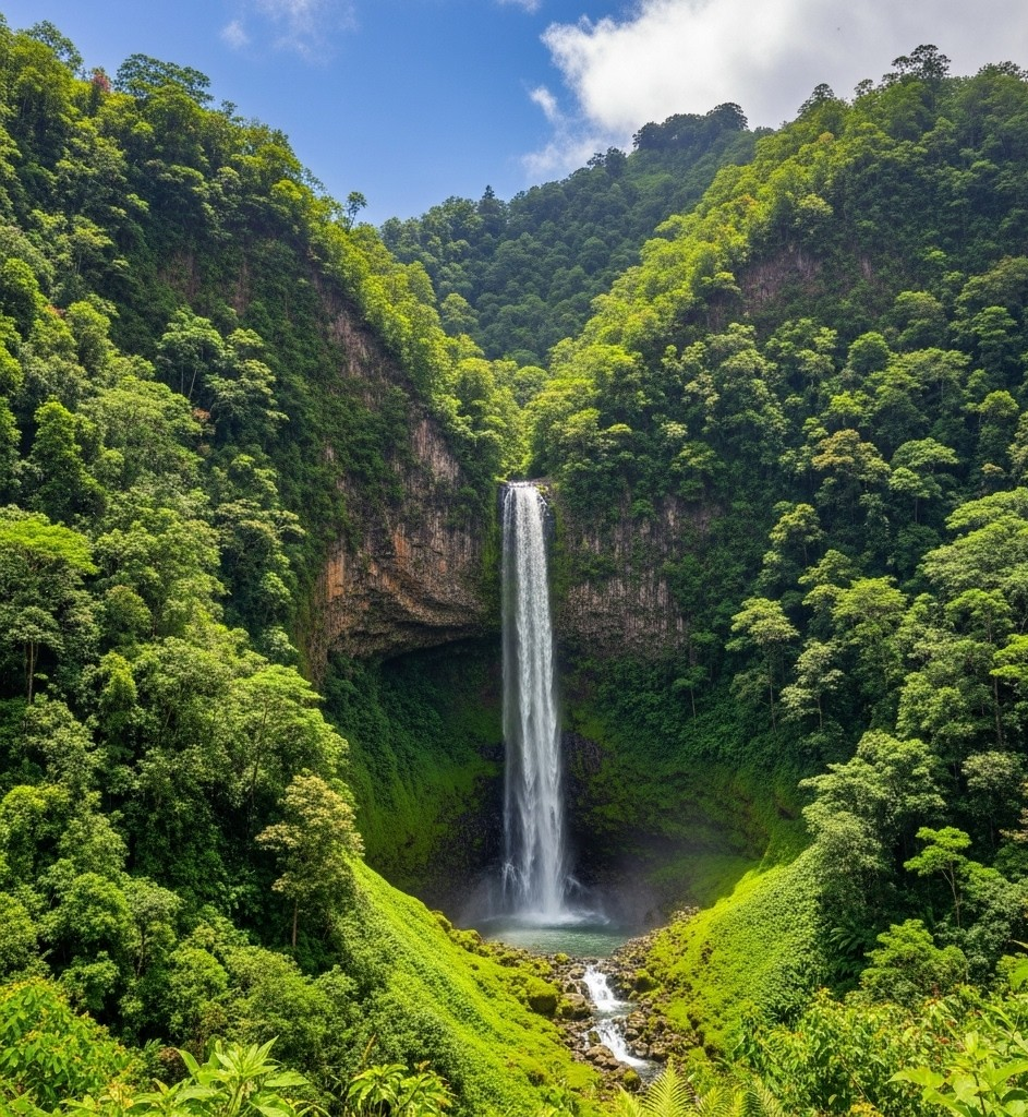 Lush green landscape of Dominica with a waterfall