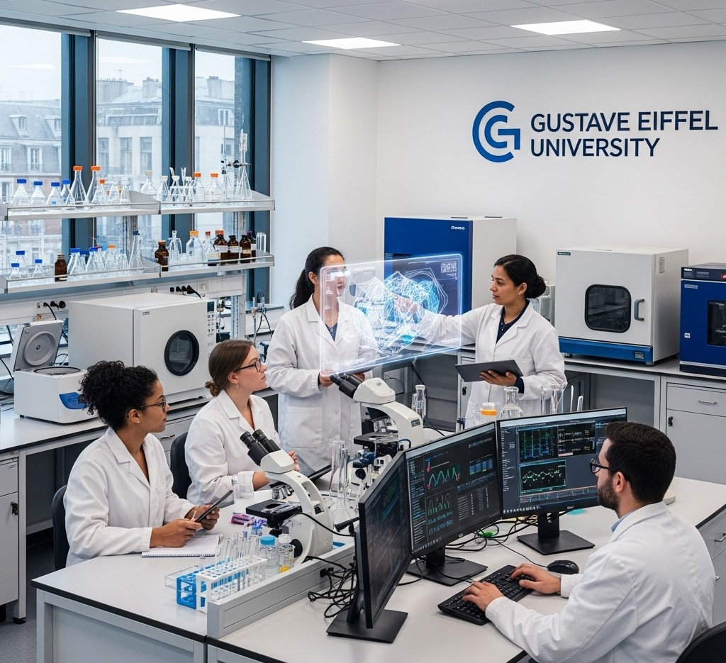 Researchers collaborating in a modern laboratory at Gustave Eiffel University