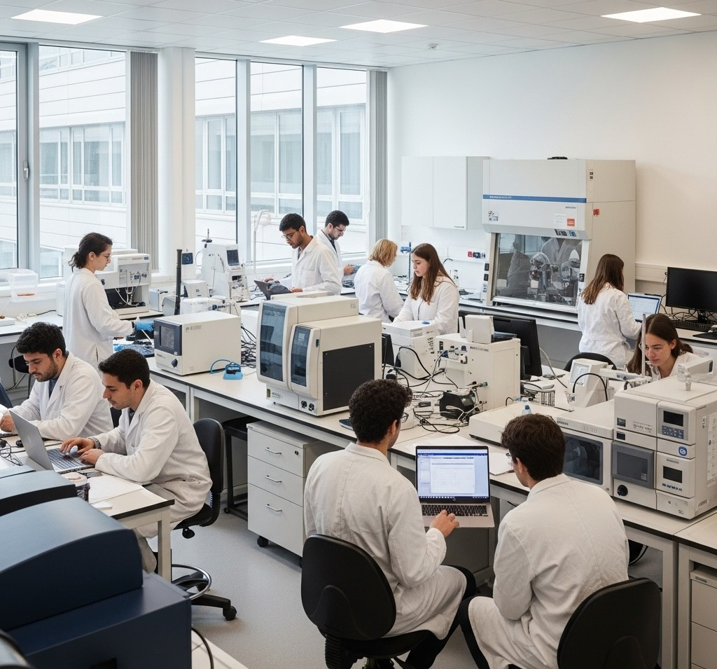 Students in a modern university lab setting at Paris-Saclay