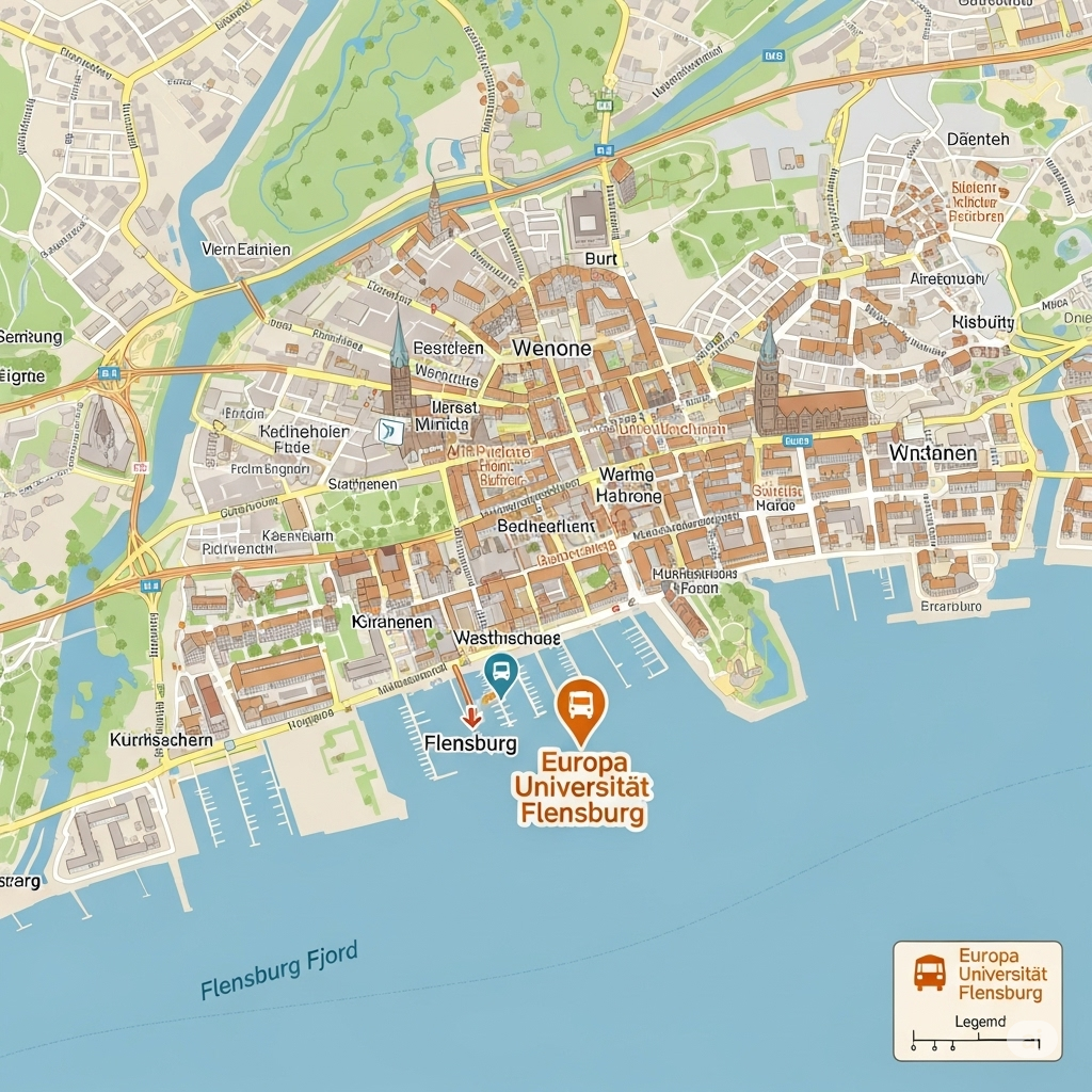 Europa Universität Flensburg Scholarship 2026: Your Pathway to Germany 3 A map of Flensburg, Germany, showing the location of Europa Universität Flensburg on the coast, surrounded by a scenic and welcoming cityscape