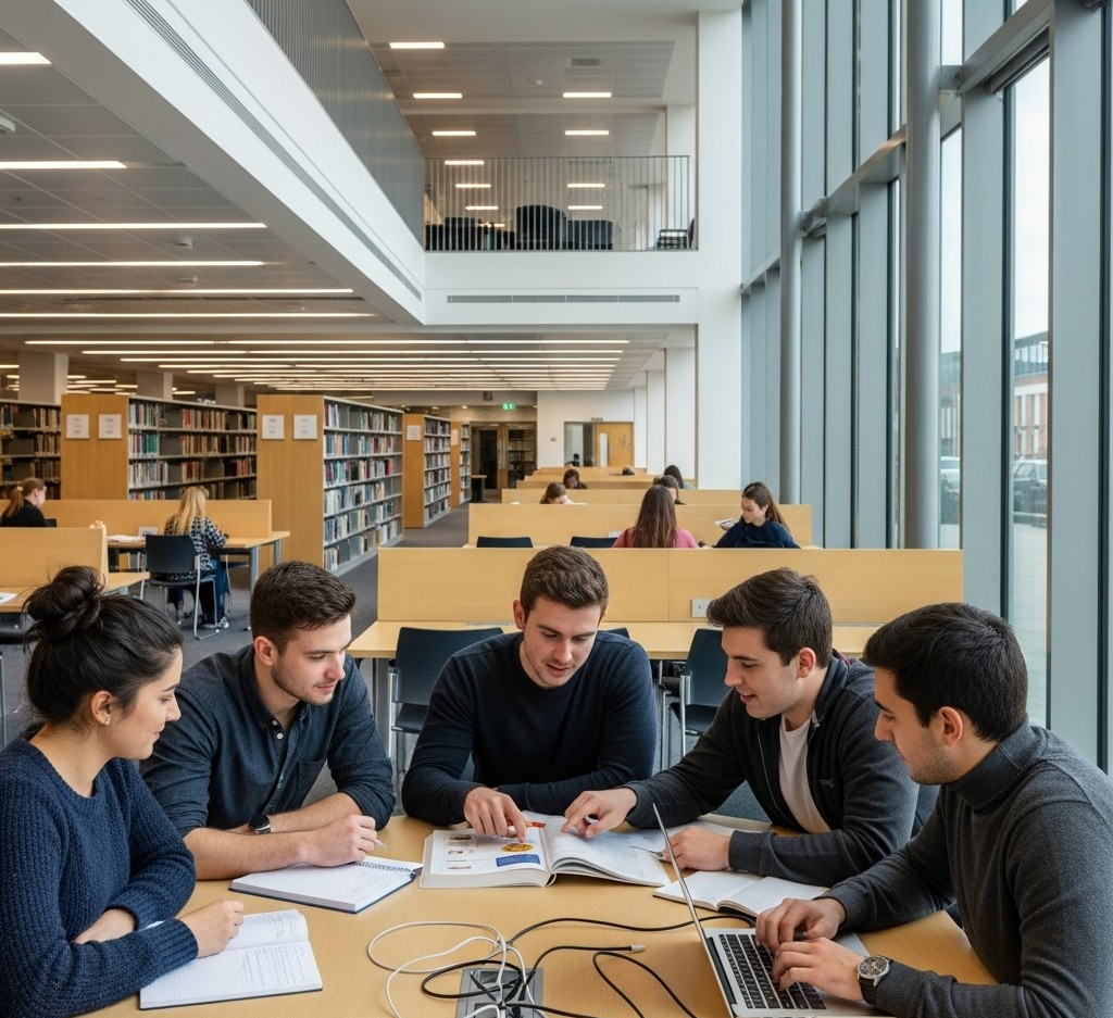 Your Complete Guide to the Vice Chancellor's International Automatic Scholarship 2026 at Newcastle University 3 Students collaborating and studying inside the modern Philip Robinson Library at Newcastle University