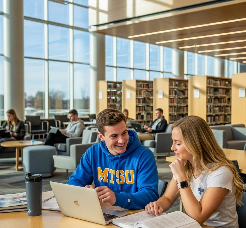 wo MTSU students studying together in the bright, modern James E. Walker Library.