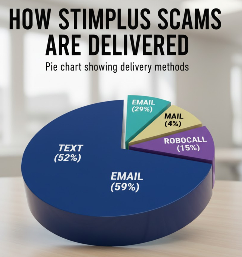Top 10 Stimulus Scams in 2025 – From Fake Government Texts to AI-Powered Robocalls, Here’s What to Avoid 3 Pie chart showing how stimulus scams are delivered—text (52%), email (29%), robocall (15%), mail (4%)