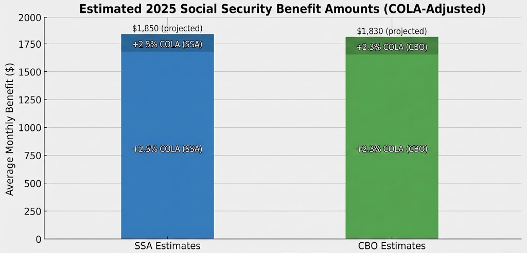 Bar chart comparing average SSI, SSDI, and retirement benefit amounts for 2025