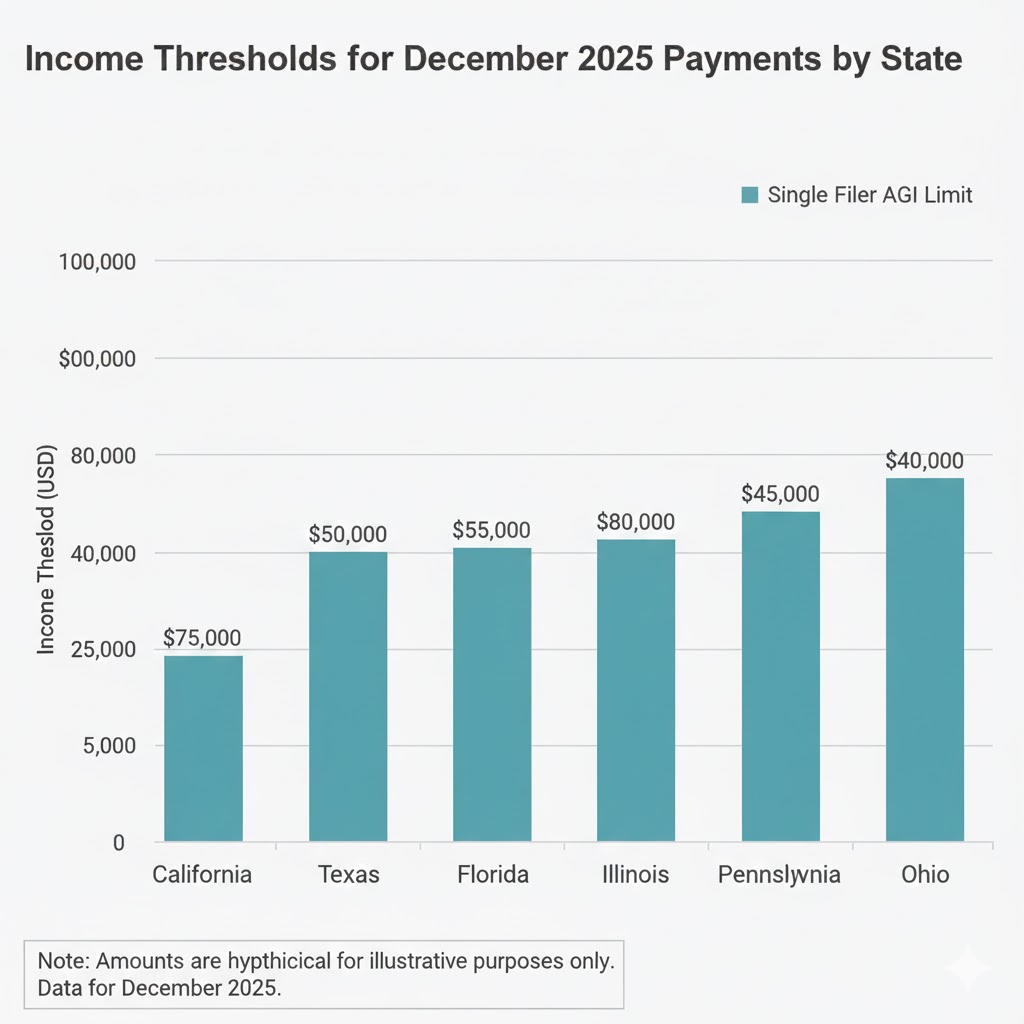 Bar chart comparing income thresholds for eligibility across major states issuing December payments