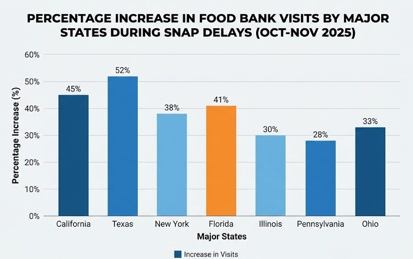 SNAP Delays Continue — Families Still Waiting for Benefits Before Thanksgiving 3 Bar chart showing percentage increase in food bank visits by major states during SNAP delays