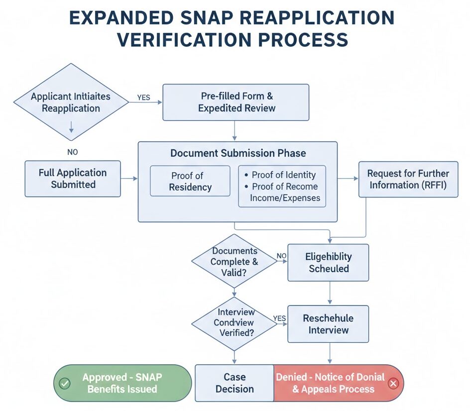 Trump Administration to Force SNAP Reapplications—What It Means for 42 Million Americans 2 Flowchart showing the expanded verification steps required for the SNAP reapplication process