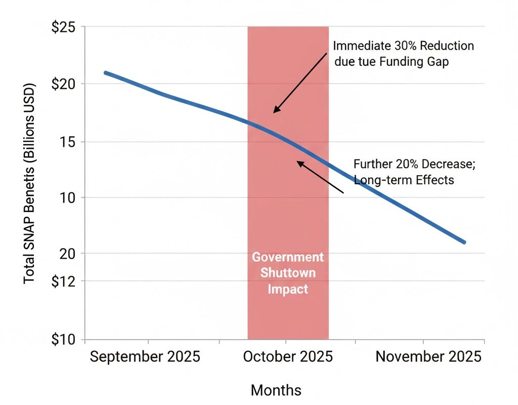 40 Million Americans at Risk of Hunger This November as Food Stamp Cuts Hit After Government Shutdown 2 Line graph showing decline in SNAP benefit payments from September to November 2025.
