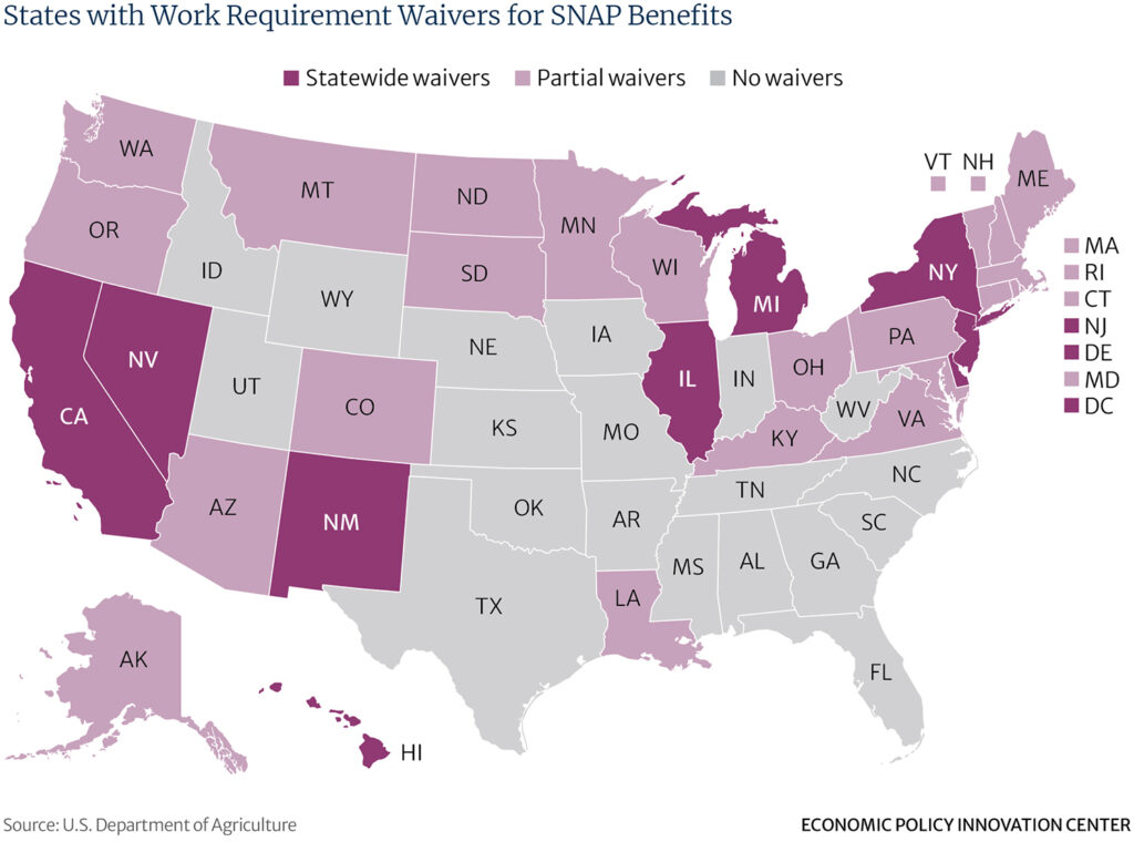 Map displaying USA states with high concentrations of adults subject tonew ABAWD workrules