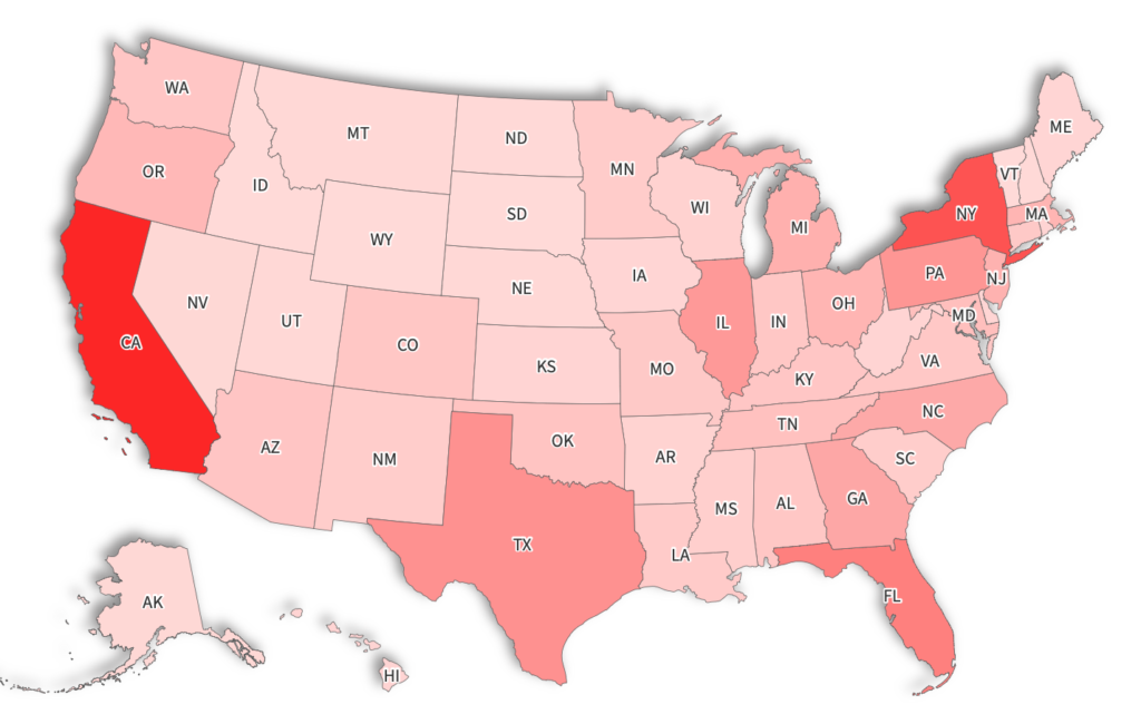 Map of U.S. showing states most affected by SNAP funding disruptions, with darker shades indicating higher numbers of affected households