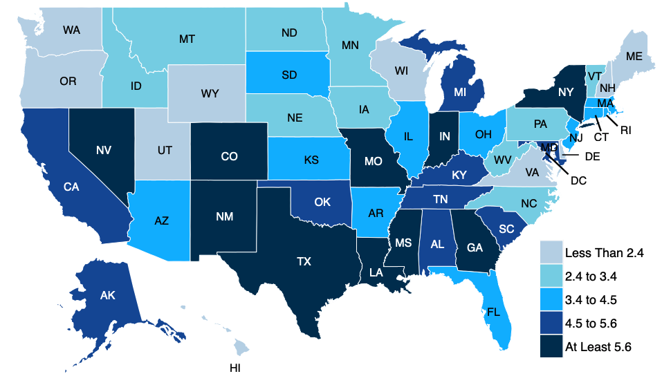 Map of the United States highlighting states with highest share of unbanked households