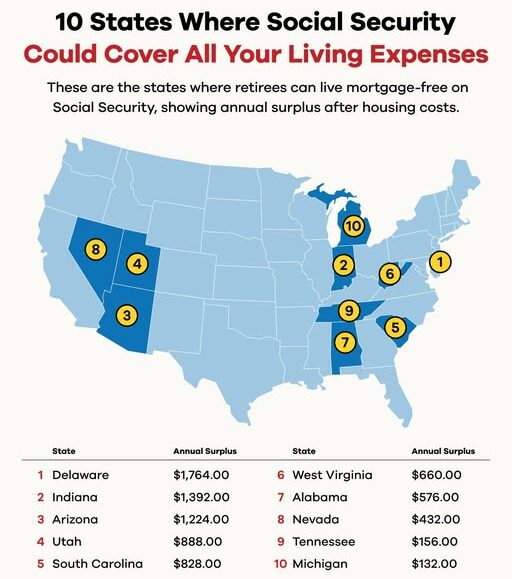 Map of the United States highlighting towns where Social Security can cover basic living costs