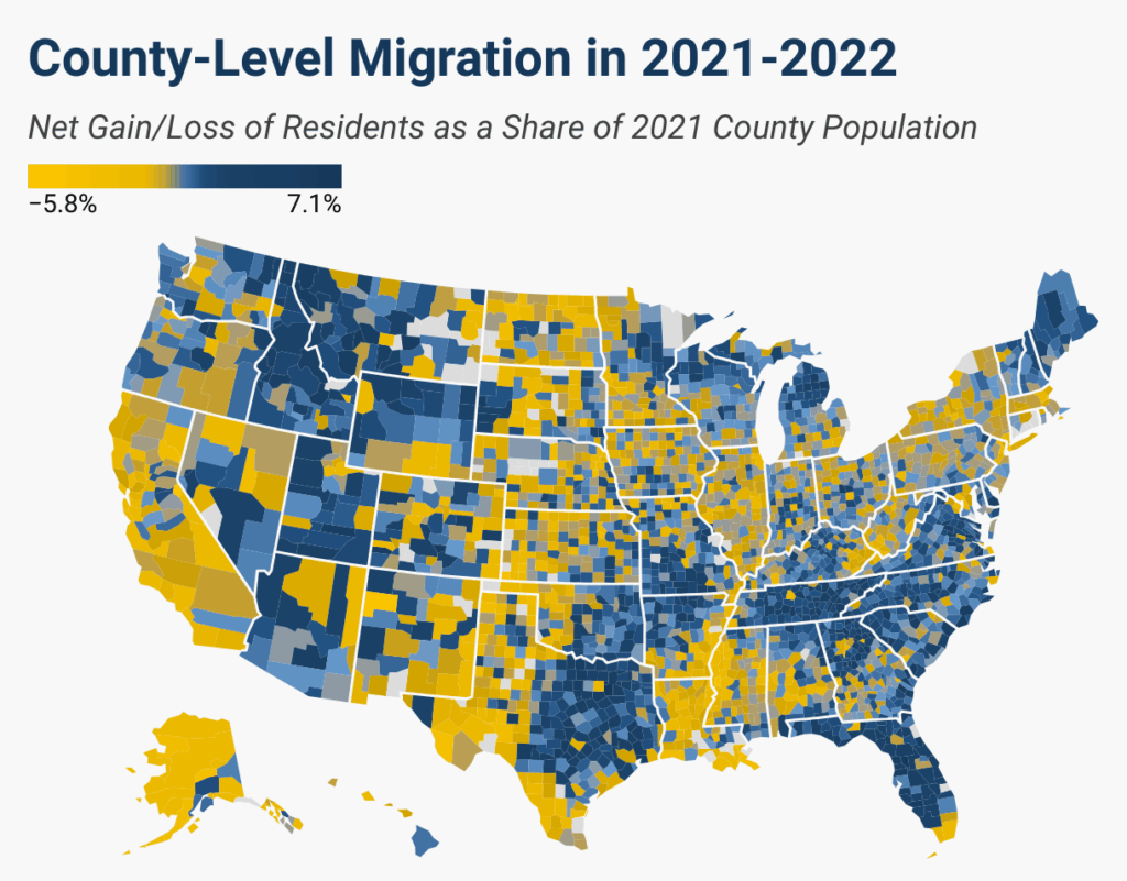 U.S. map showing retirement migration flows toward states with no income tax