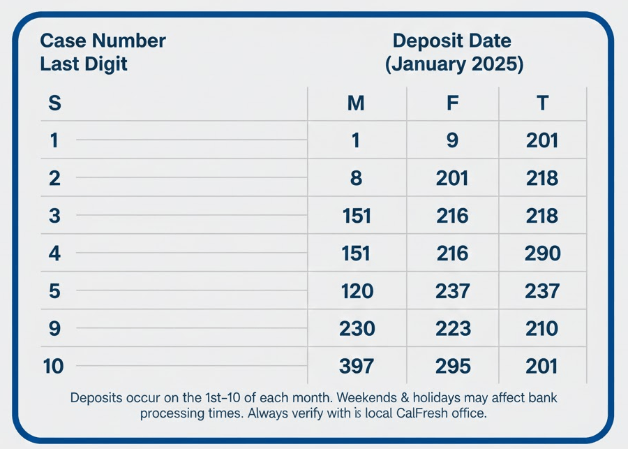 CalFresh EBT deposit schedule 2025 with deposit dates from the 1st to the 10th