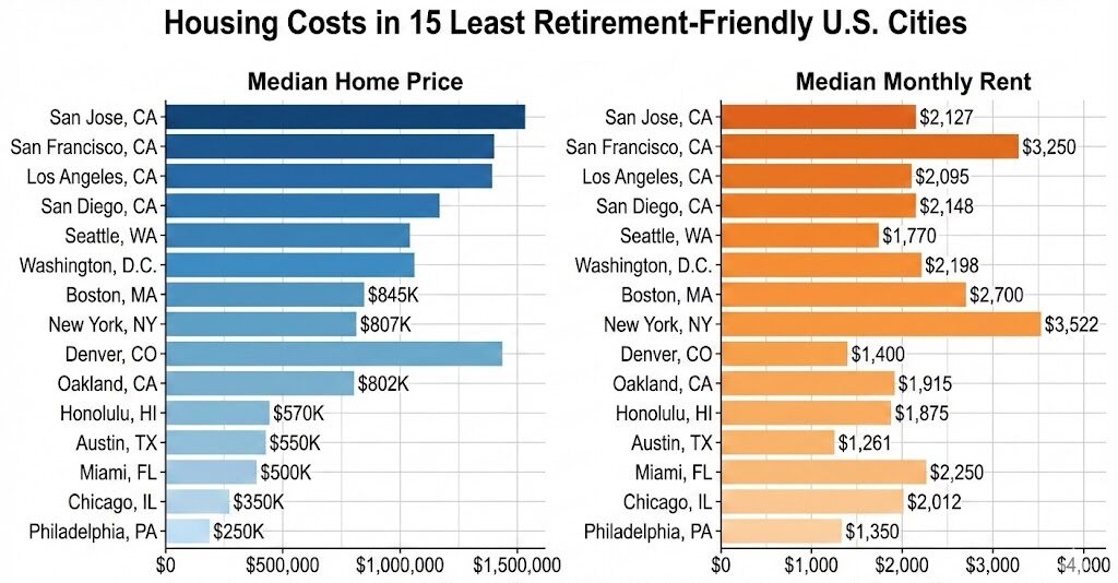 U.S. Cities Ranked as Least Ideal for Retirement — The Full 15-City List 2 Housing costs in the 15 least retirement-friendly U.S. cities