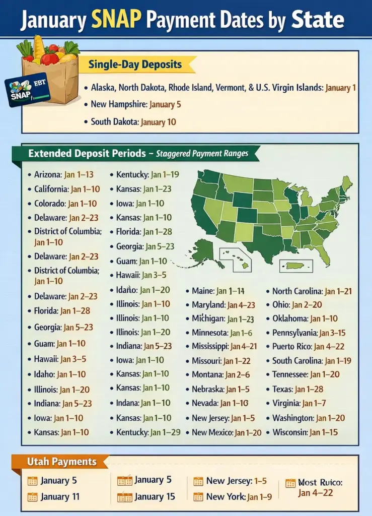 Map showing SNAP benefit issuance ranges for January 2026 by U.S. state