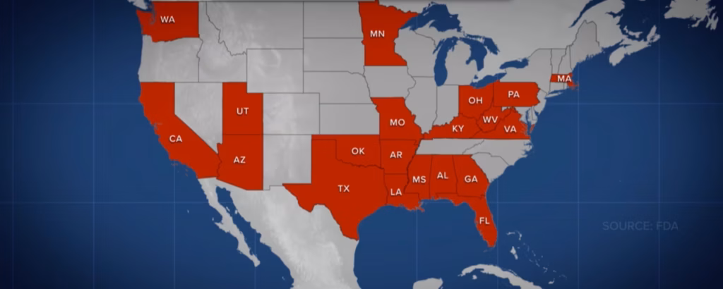 Map showing U.S. states affected by the FDA frozen shrimp recall