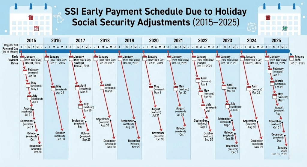 Why December’s Social Security Schedule Is Changing — What Beneficiaries Should Expect 2 SSI early payments from 2015 to 2025