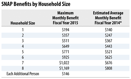 Table showing SNAP benefit amounts by household size for December 2025