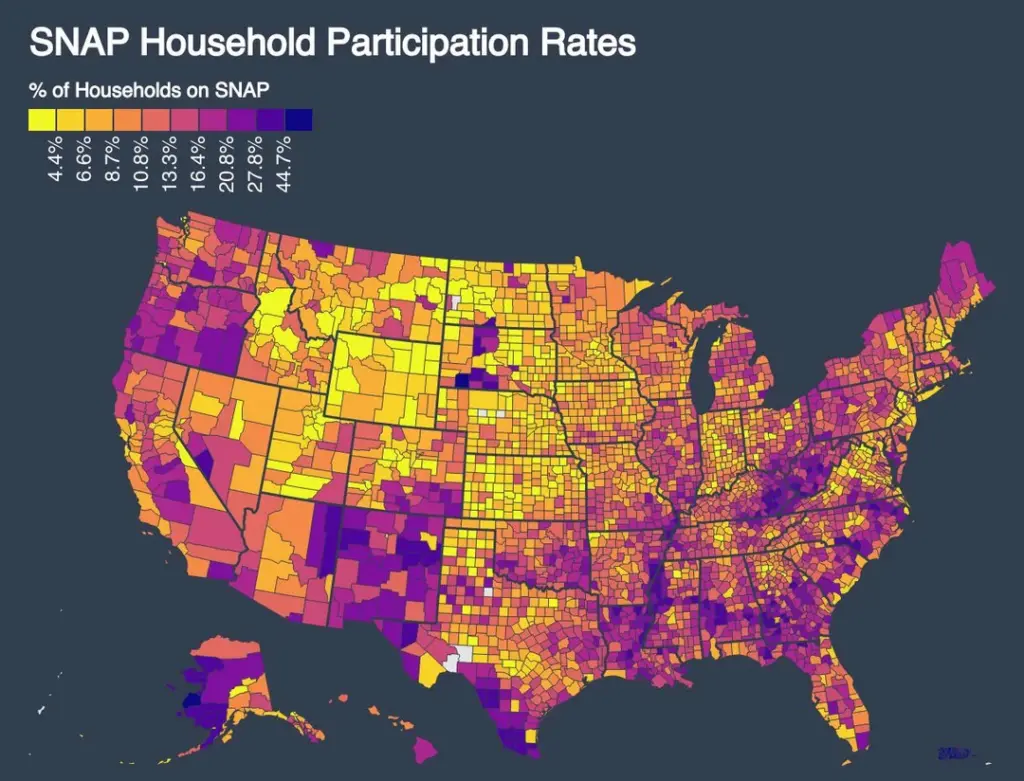 Map highlighting counties with highest SNAP participation rates