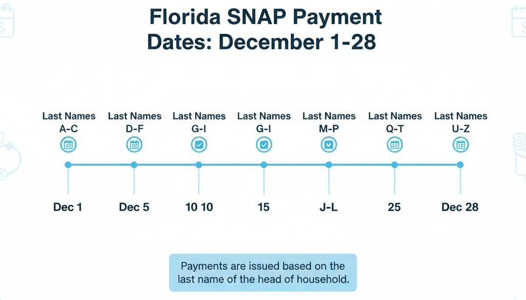 Florida SNAP Benefits Fully Restored — Check Your December Distribution Date Now! 2 Timeline chart showing Florida SNAP payment dates from Dec. 1 to Dec. 28