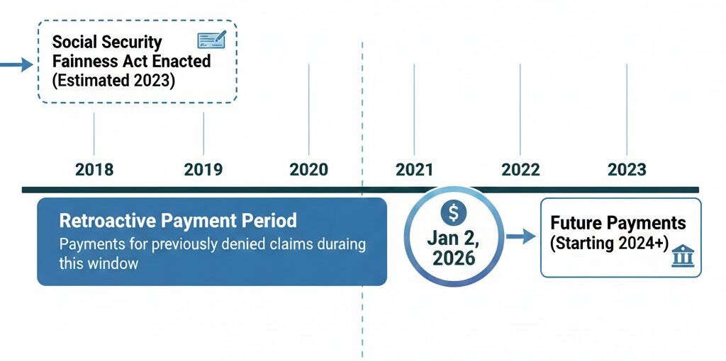 Timeline chart showing retroactive payment period under Social Security Fairness Act changes