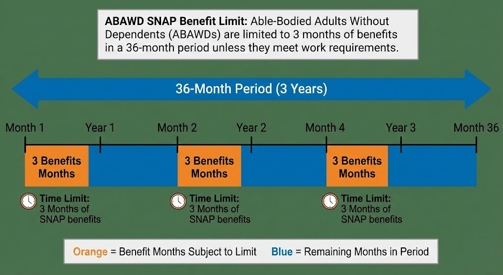 Timeline graphic explaining the three-month ABAWD SNAP benefit limit within a 36-month period.